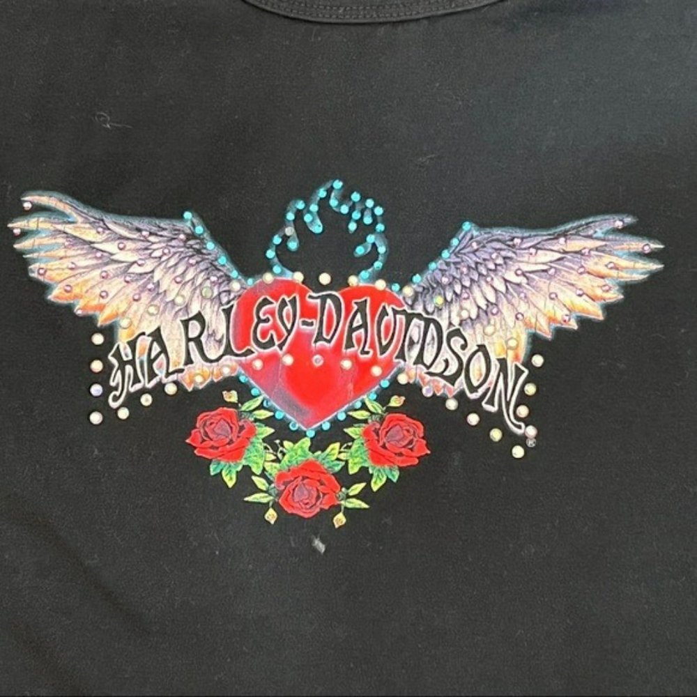 Harley Davidson Black Angel Heart Floral With Rhinestones Graphic Shirt Size XL - Picture 6 of 8